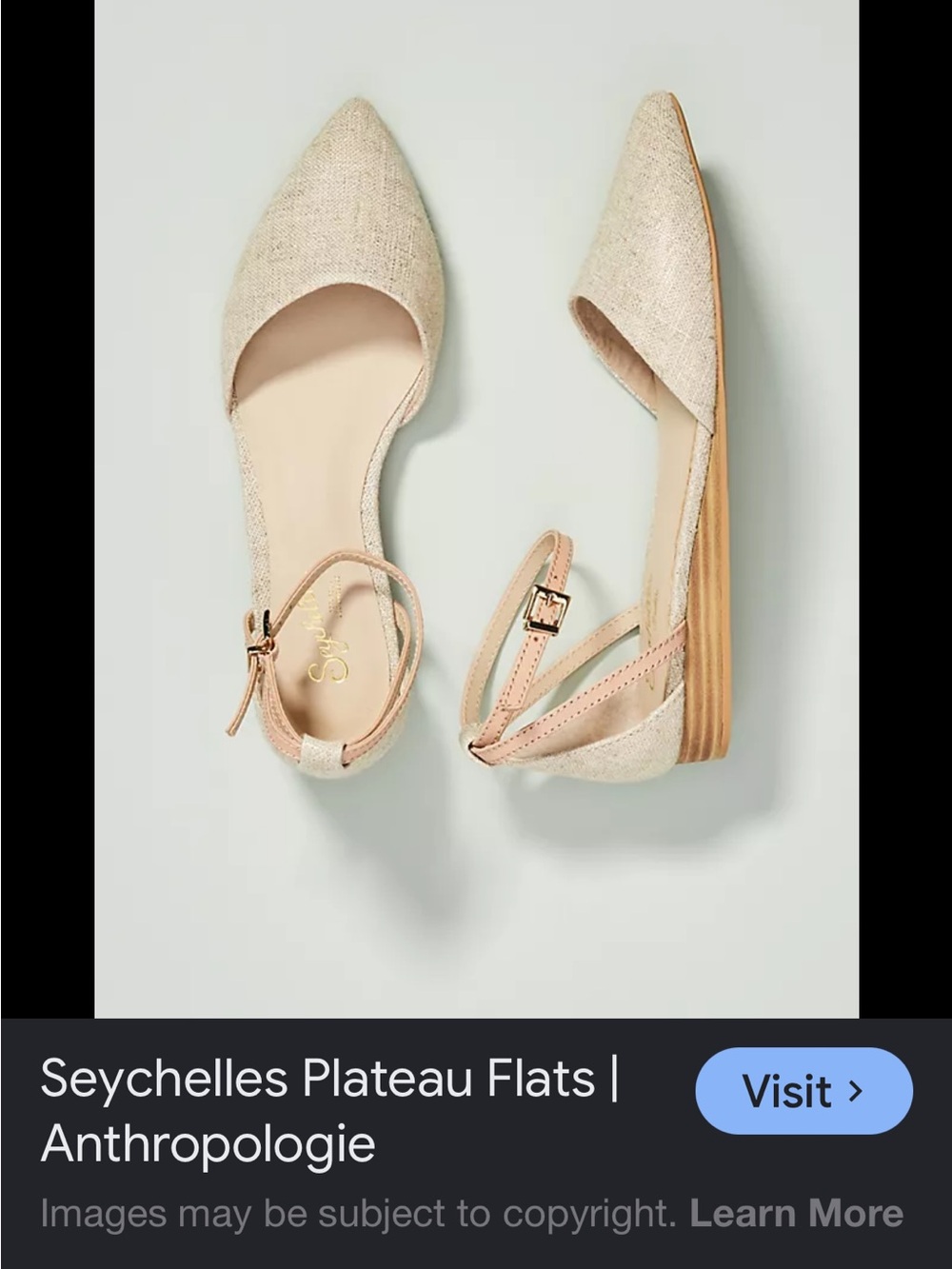 Anthropology, Seychelles Ankle Strap Flats, Natural Metallic Linen/Leather, 8